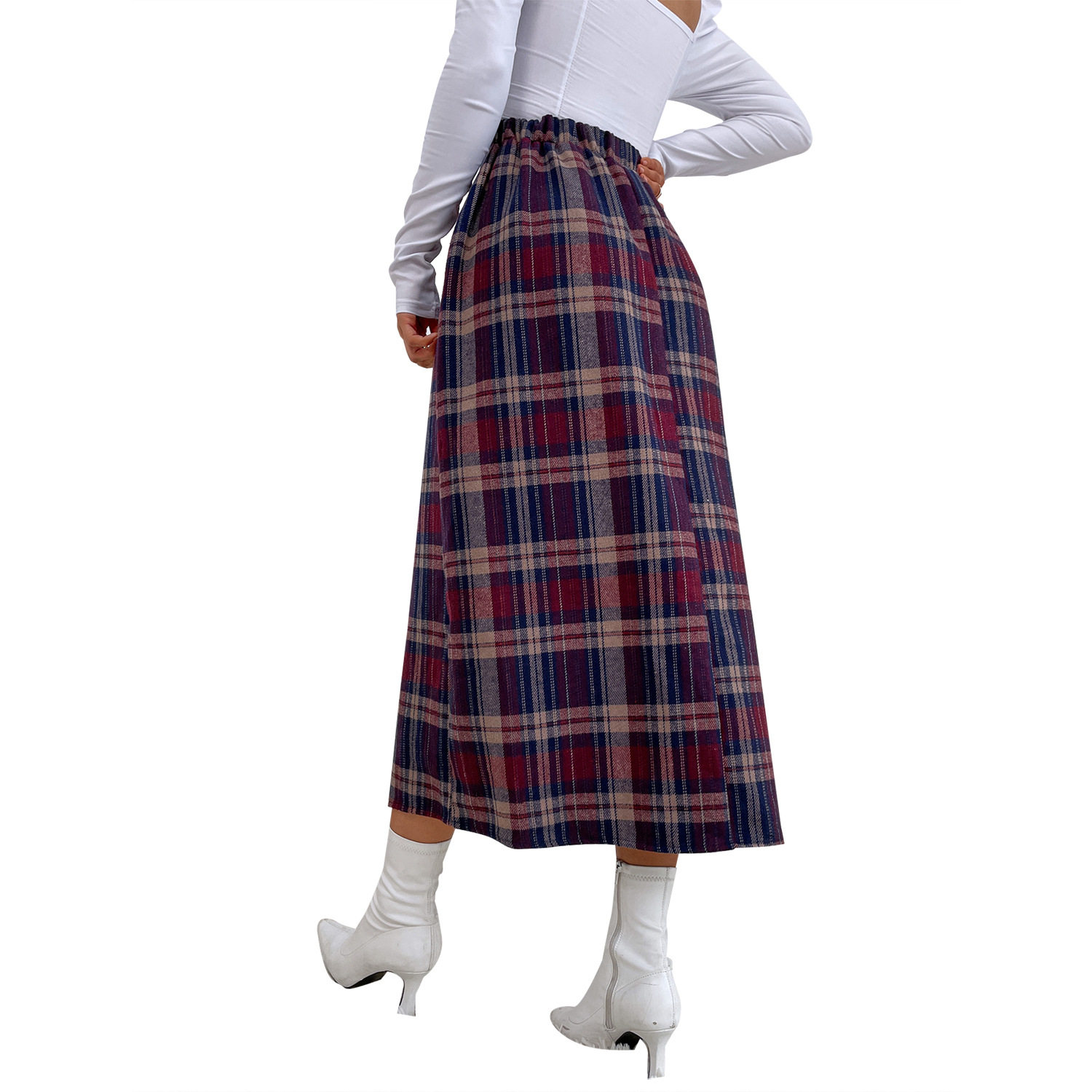 Plaid A Line Skirt Slim Fit Wool Blend Stylish Design Spring Fall Fashion for Women Wholesale Available