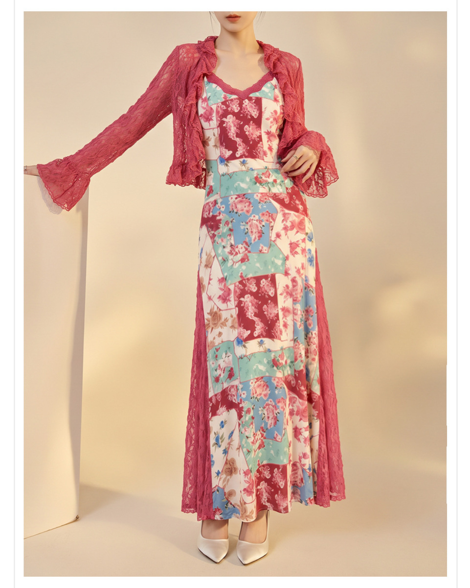 Set áo cardigan ren phối váy hai dây đuôi cá họa tiết hoa — Áo, Váy hai dây, Bộ