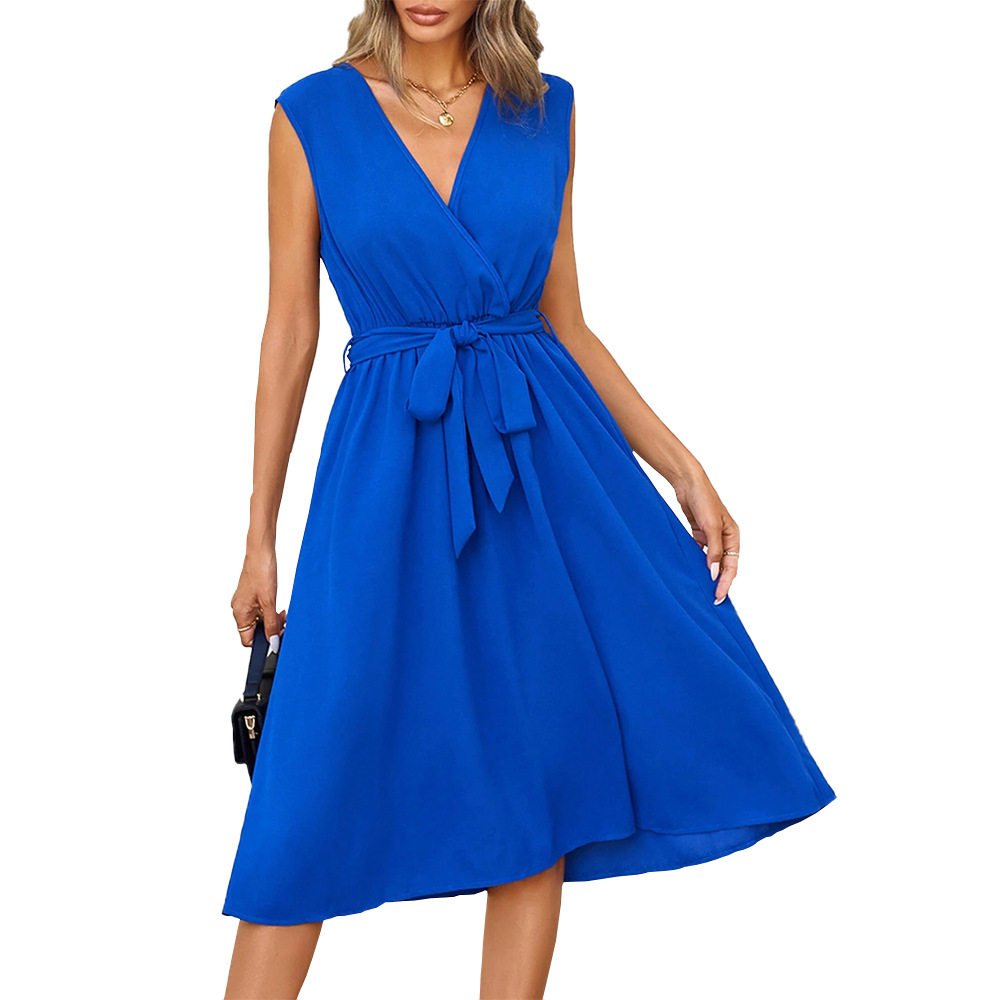 Elegant V Neck A Line Dress Waist Tie Flattering Fit Lightweight Fabric Summer Occasion Wholesale Available