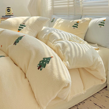 New Style Thickened Milk Velvet Korean Style Cashmere Towel Embroidered Four-Piece Set Bed Sheet Bed Cover Student Dormitory Three-Piece Set