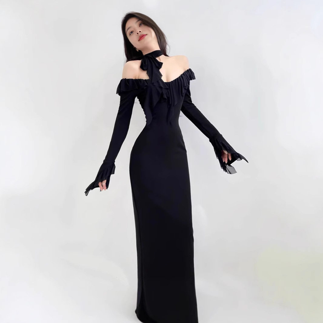 Elegant Long Sleeve Bodycon Dress Off Shoulder Design Fringe Detail High Waist Flared Sleeves Perfect for Autumn