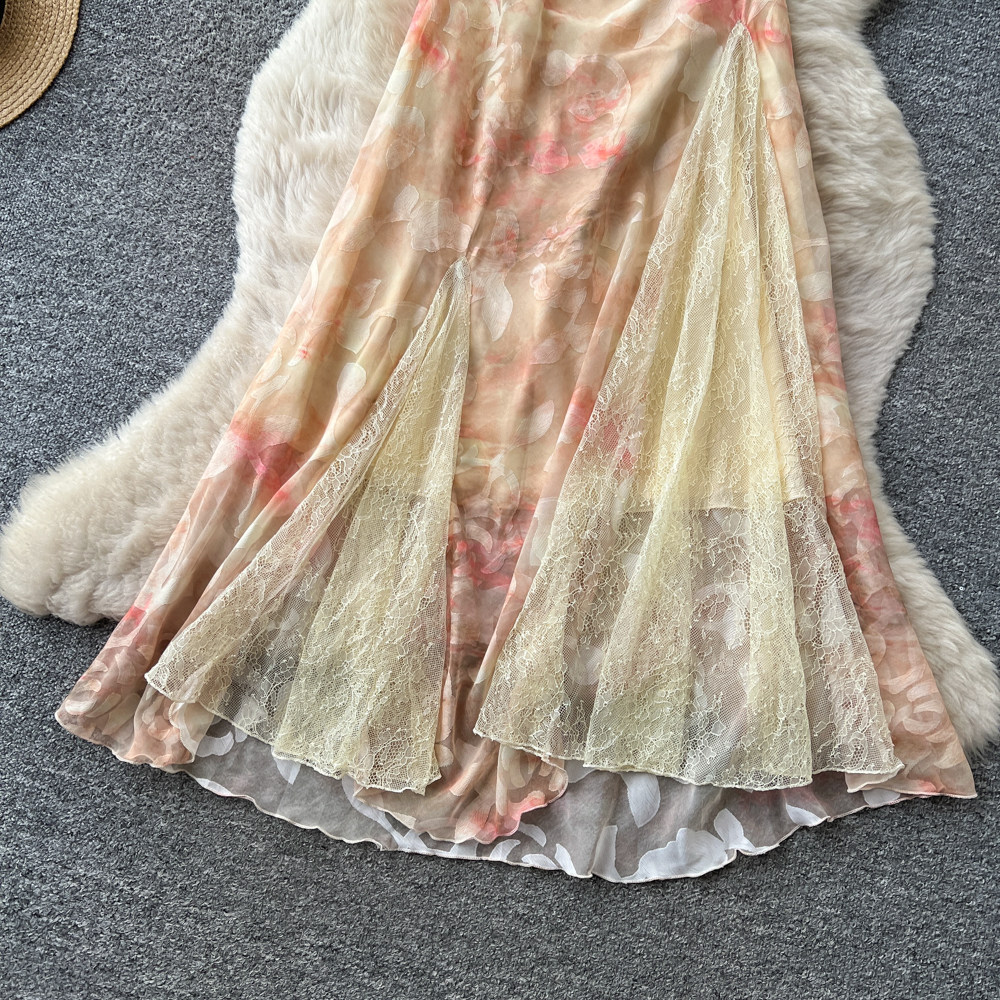 French Vacation Style Pink Floral Maxi Dress for Women High Waist Sleeveless Slim Fit Elegant Summer Wear