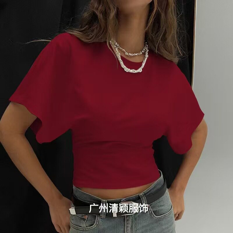 2025韩版设计感圆领套头短袖T恤女夏季新款简洁百搭纯色宽松上衣