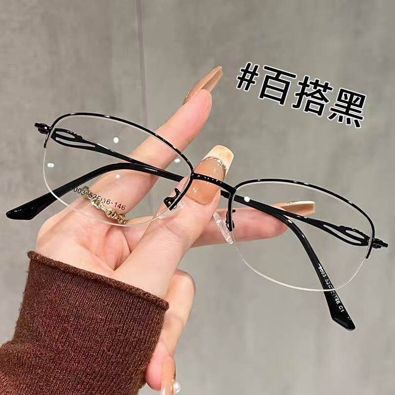 New Women's Half-Frame Oval Glasses Frame Wholesale Diamond-Encrusted Craft Legs Ip Electroplated Business Myopia Frame Genuine
