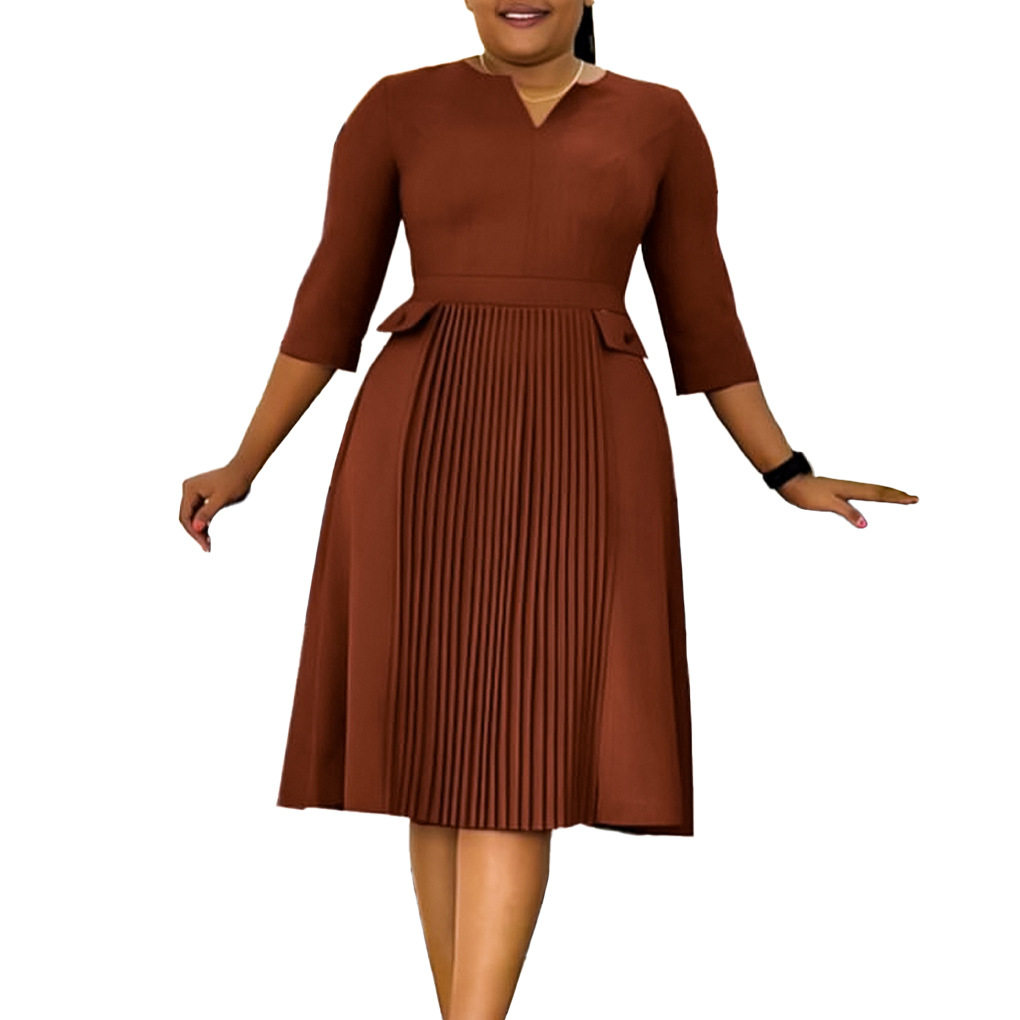 Plus Size Fashion Dress Solid Color Pleated Design Three Quarter Sleeve Casual or Formal Occasions Wholesale