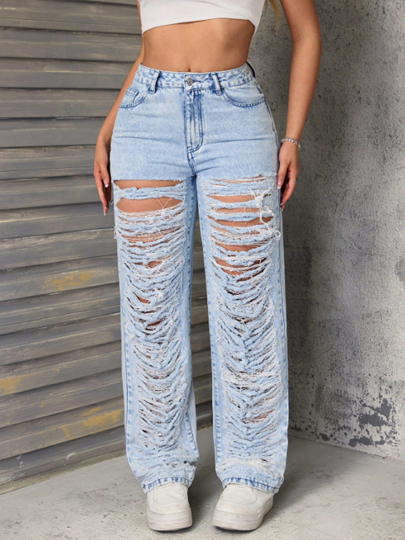 High Waisted Flare Jeans Ripped Design Stretch Fabric Casual Style Womens Fashion for Spring and Summer Wholesale