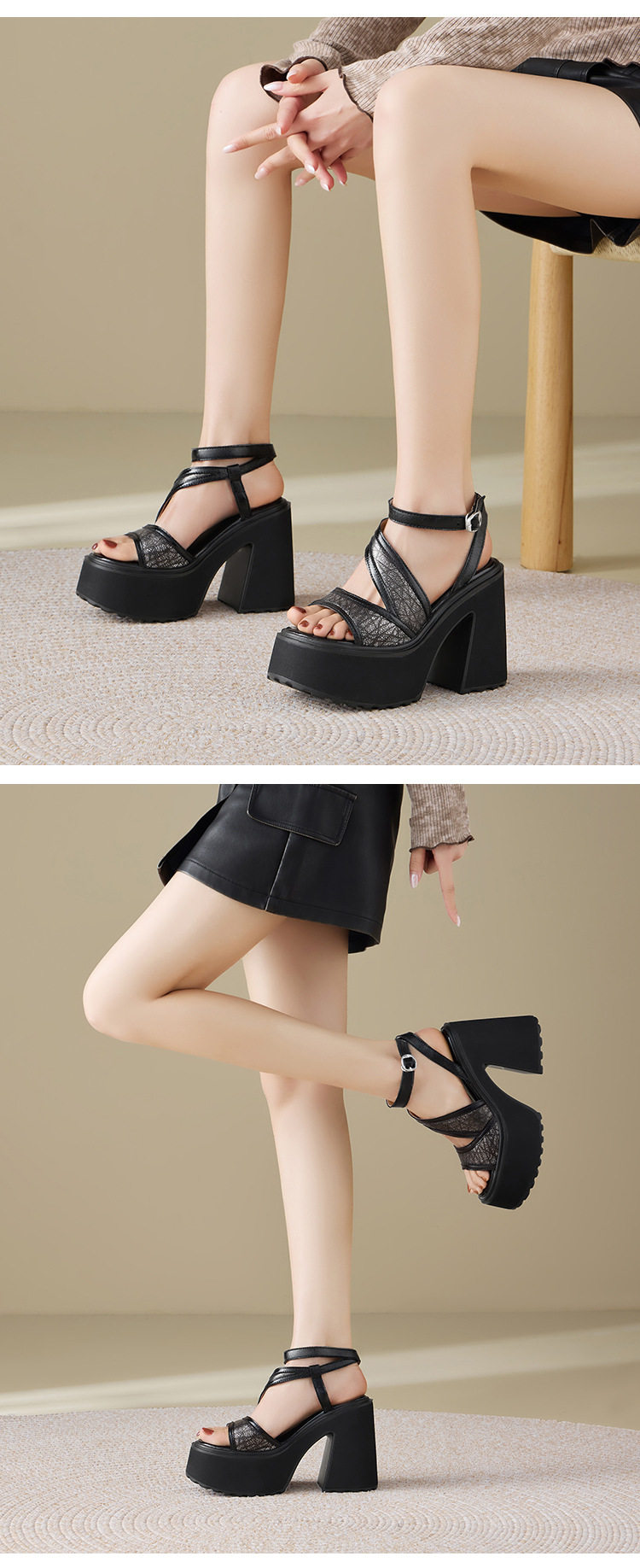 Sandal cao gót nữ mũi hở đế xuồng 12 cm da bò thật — [Đen], [Vàng nhạt], [Bạc] chi tiết 9