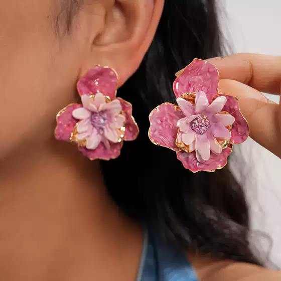 European and American Vacation Style Oil-Drip Fabric Flower Silver Needle Ear Studs Personalized Niche Design Earrings Simple Sweet Ear Jewelry