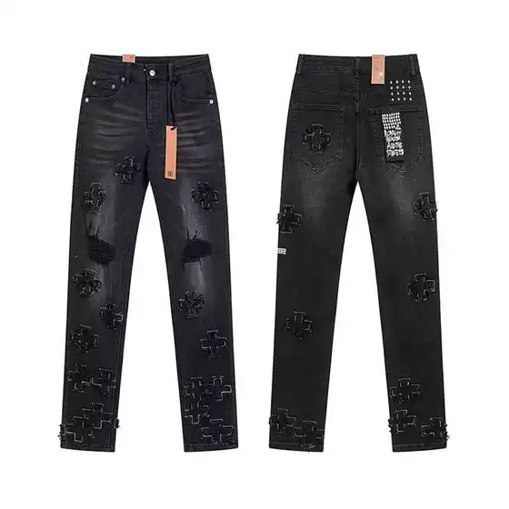 Cross-Border Wholesale Purple American High Street Ripped Patch Trendy Retro Skinny Amiri Jeans for Men Trendy Brand