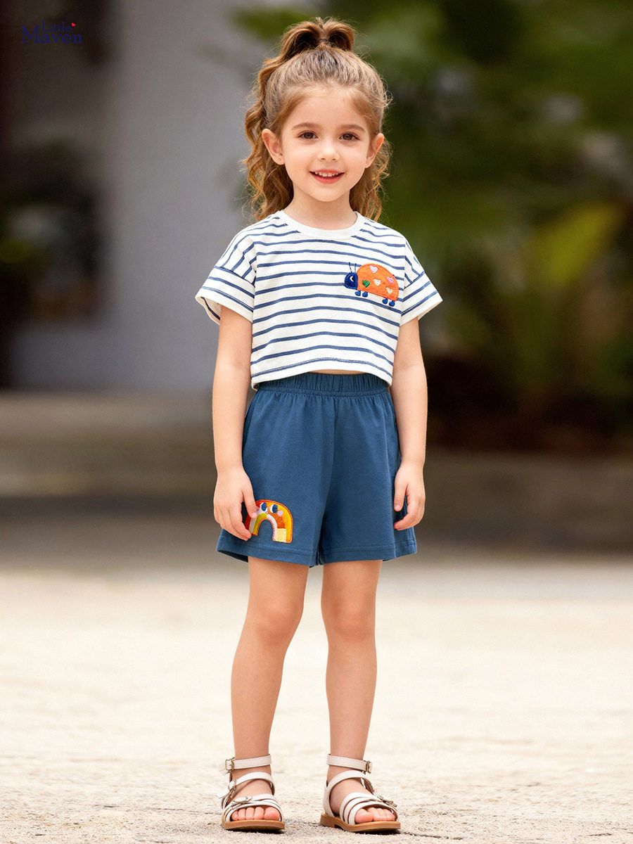 Girls' Summer Striped Short-Sleeve Cartoon Set, Kids' Outfit