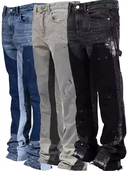 Men's Denim overalls European and American fashion ins overalls explosive stretch patch Denim laminated flared pants