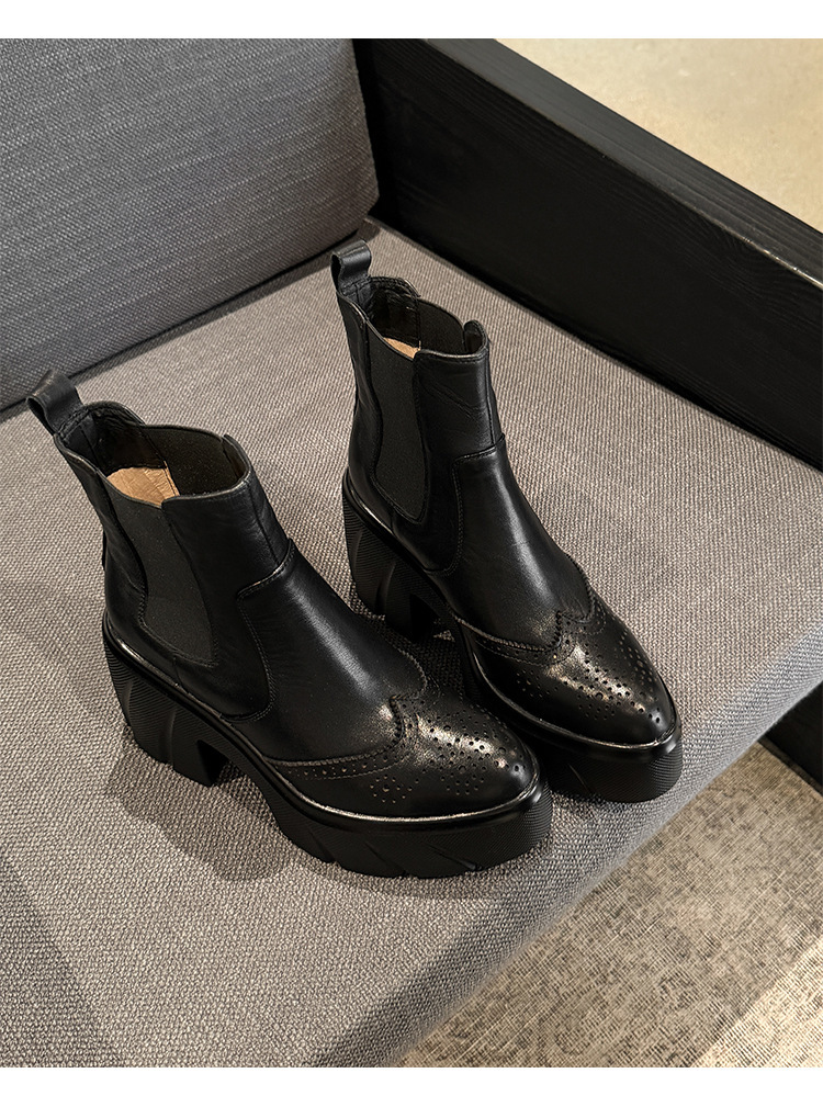 Boot nữ cổ ngắn gót 10cm mũi nhọn đế dày phối khóa chun — Lớp lót da màu đen, Lót nhung đen