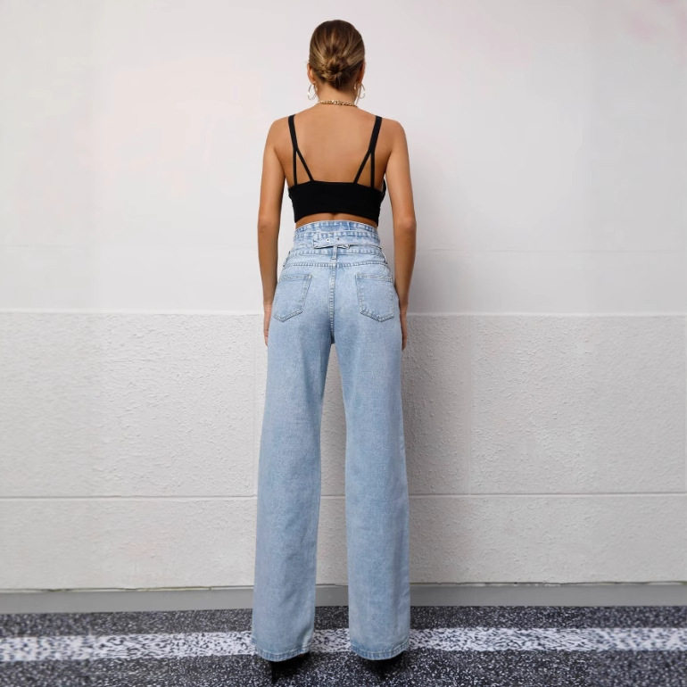 High Waisted Wide Leg Jeans Summer Style Tie Design Washed Fabric Casual Wear for Women Ready to Ship
