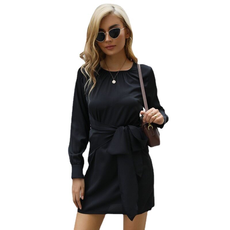 Black Long Sleeve Bodycon Dress with Tie Detail Elegant Vintage Style Perfect for Parties and Events Wholesale