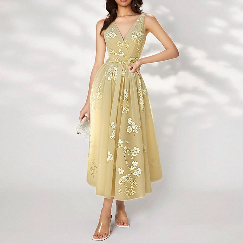 Elegant Floral Print Waist Tie Dress Spring Collection Womens Fashion Comfortable Fit Wholesale Available