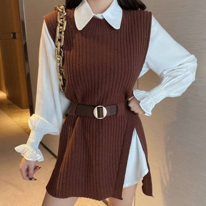2025 Early Spring New Suit for Women Korean Style Slim Mid-Length Shirt Lace-Up Waist Knitted Vest Two-Piece Set for Women