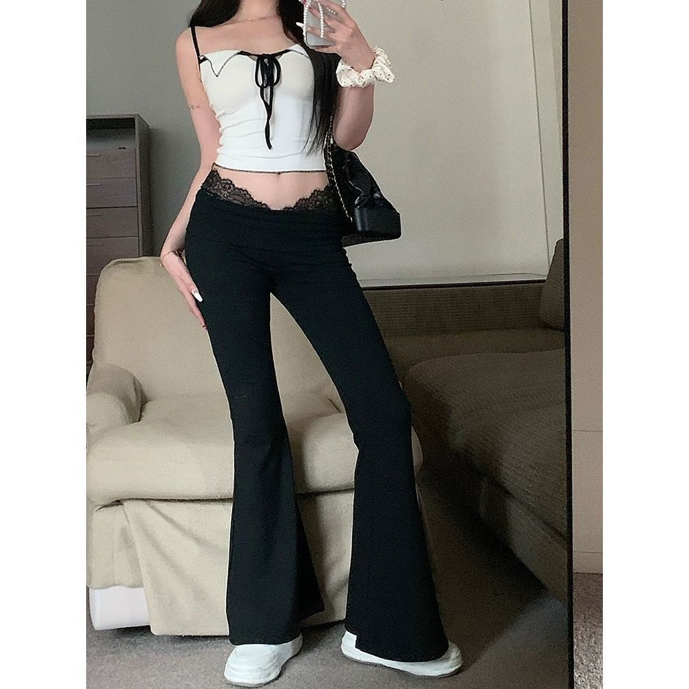 High Waisted Flared Casual Pants Lace Paneling Slim Fit Lightweight Fabric Autumn Fashion for Women Wholesale