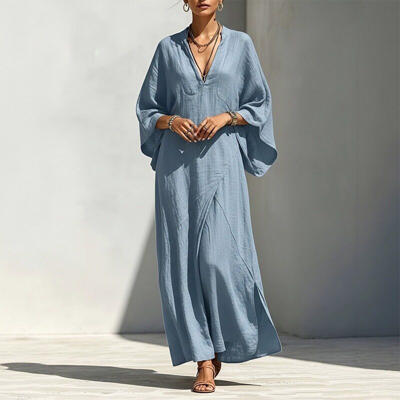 Casual Batwing Sleeve Maxi Dress Loose Fit Side Slit Lightweight Fabric Summer Vacation Wear Wholesale Available