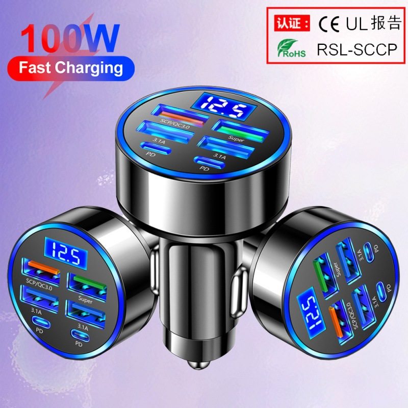 Six-in-one multi-port with digital display supports ultra-fast car charging 6 ports with voltage car charging one-to-six fast car charging