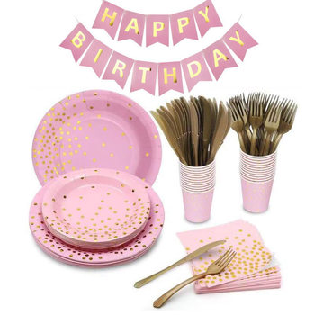 Hot Stamping Pink Birthday Party Halloween Tableware Paper Cup Knife Fork Spoon Paper Recyclable Environmentally Friendly Party Set