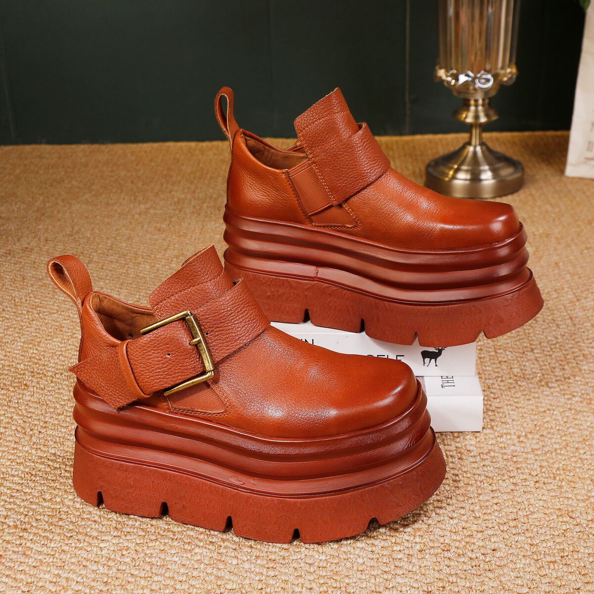 Boot nữ cổ thấp da bò thật đế cao su đúc liền khóa kéo bên hông — đen, nâu