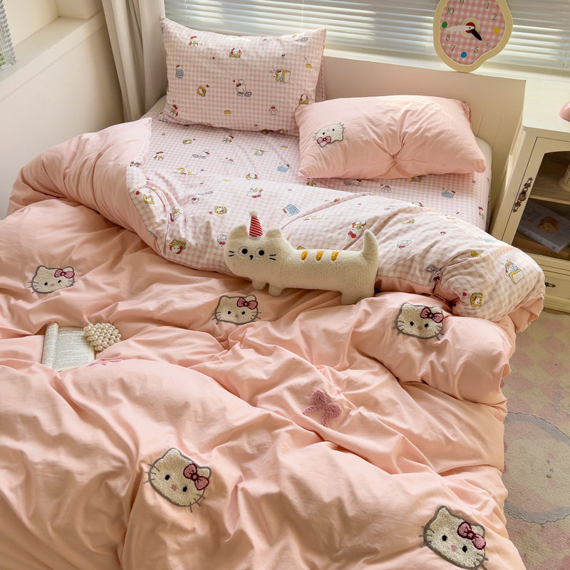 Category a Maternal and Infant Grade Naked Sleeping Cartoon Cotton Towel Embroidered Four-Piece Set Soft Waxy Bed Bed Sheets Quilt Cover Student Dormitory Three-Piece Set