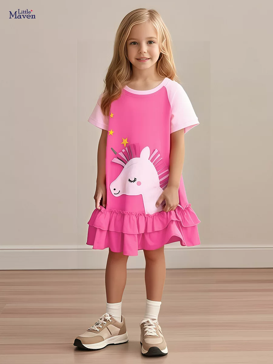 Cute Kids' Dress, Summer Short-sleeve Girls' Dress, Cotton Cartoon Kids' Dress