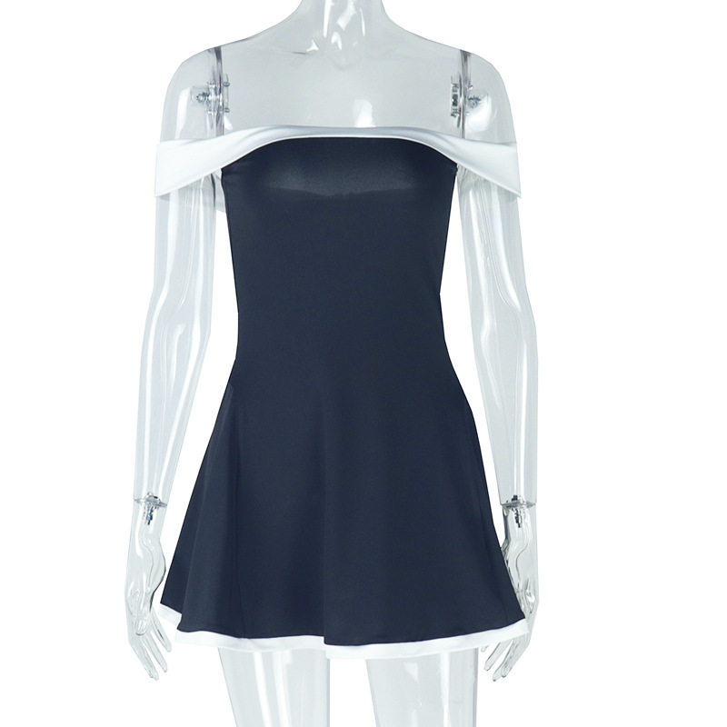 Black and White Color Block A Line Dress Fresh Backless Design Off Shoulder Short Sleeve Casual Summer Wear