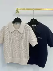Miu's New Summer Style Hollow-Out Front Letter Logo Embroidered Round Neck Polo Knitted Short-Sleeved Top