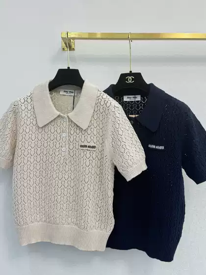 Miu's New Summer Style Hollow-Out Front Letter Logo Embroidered Round Neck Polo Knitted Short-Sleeved Top