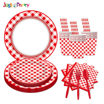Disposable red plaid tableware paper cup paper towel knife fork spoon suit supplies birthday layout scene decoration
