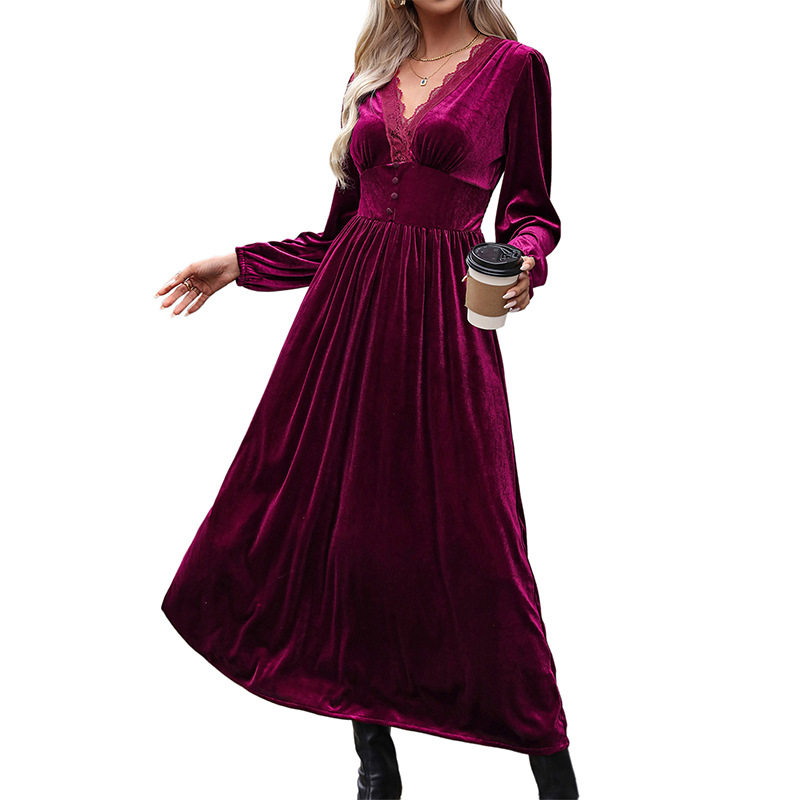 Velvet Long Sleeve Dress Solid Color Elegant Style Autumn Winter Wear Wholesale Available bulk order