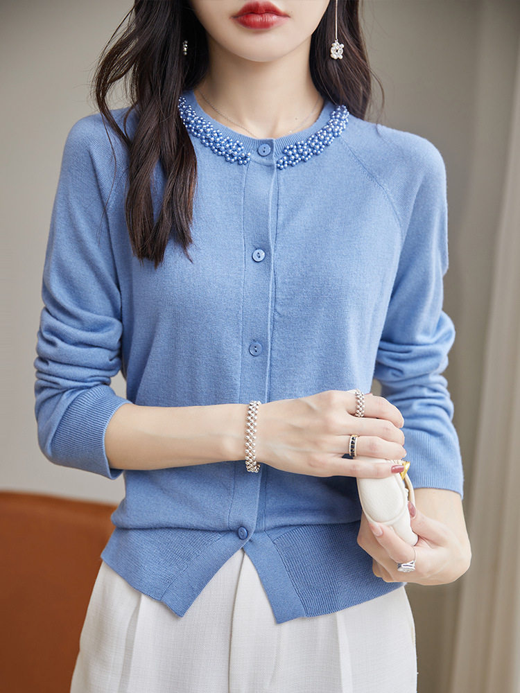 精细美丽诺羊毛针织衫开衫女2023新款时尚长袖毛衣外搭小众空调房