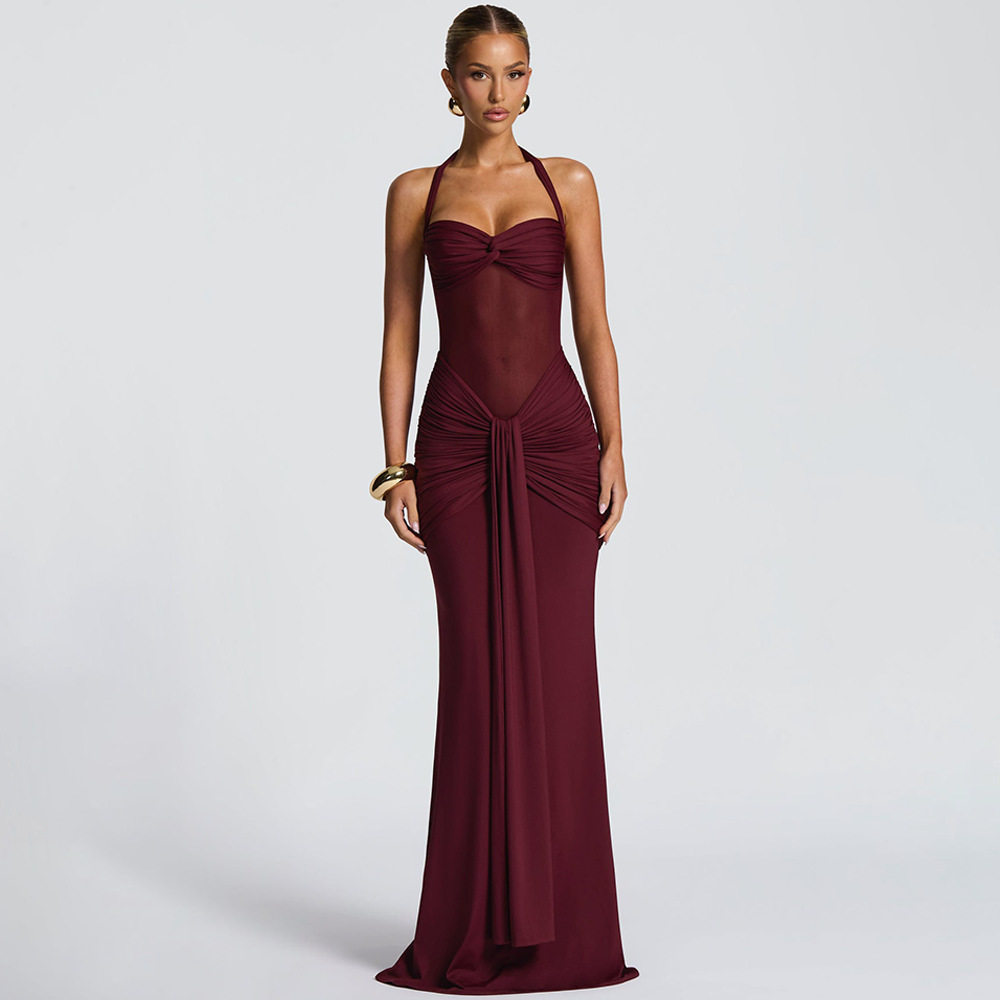 Sleeveless Bodycon Dress Solid Color Halter Neck Backless Sexy Fit Evening Wear Cocktail Party OEM Available