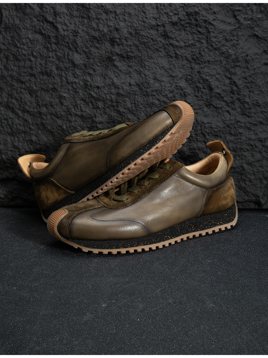 Giày sneaker da mềm thủ công phong cách retro — Màu xanh lam, Màu trắng, Màu xanh quân đội, Màu cà phê