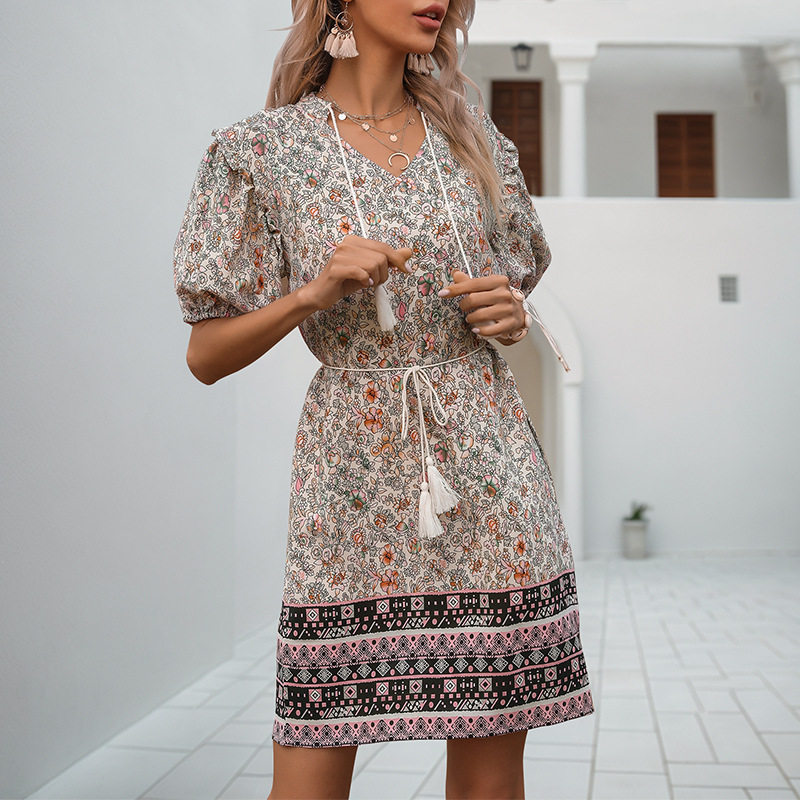 Vintage Bohemian Floral Maxi Dress Slim Fit V Neck Tassel Detail Perfect for Summer Events Wholesale Available