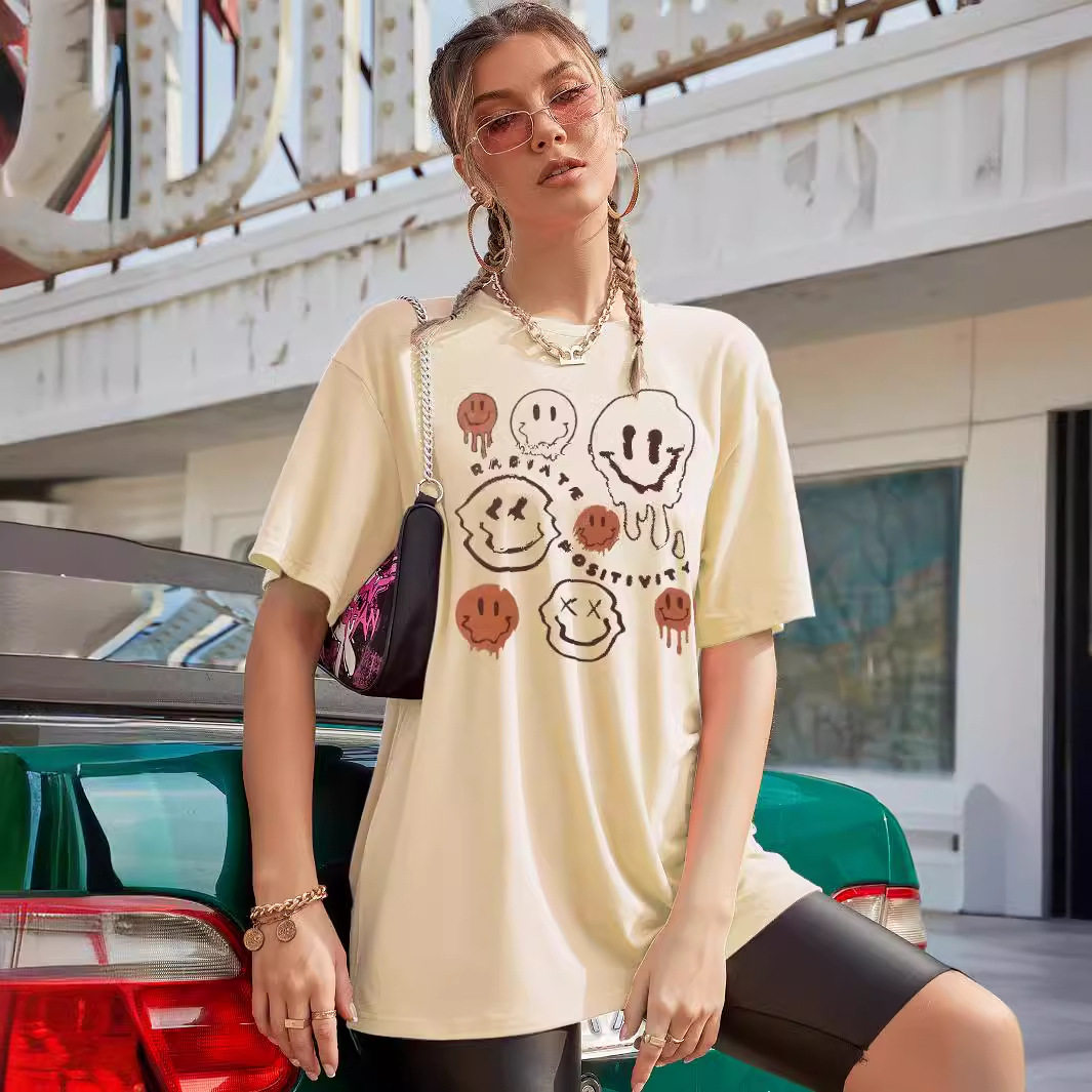 Cotton Short Sleeve T Shirt Smile Print Casual Style Comfortable Fit Ready to Ship Wholesale Available