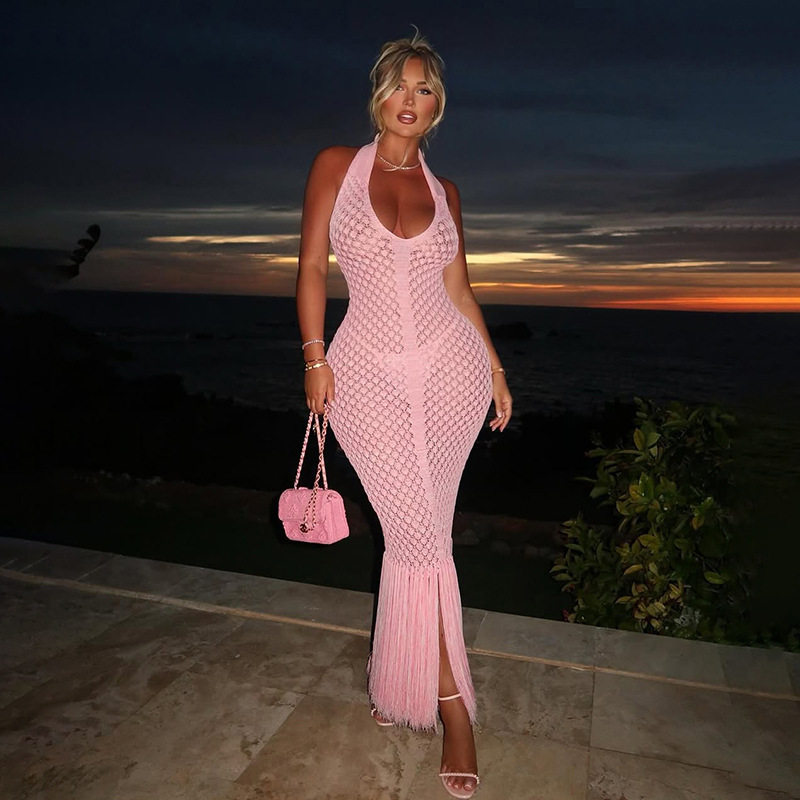 Summer Beach Dress Womens Sheer Knitted Fabric Sexy Solid Color Perfect for Vacation Wholesale Available