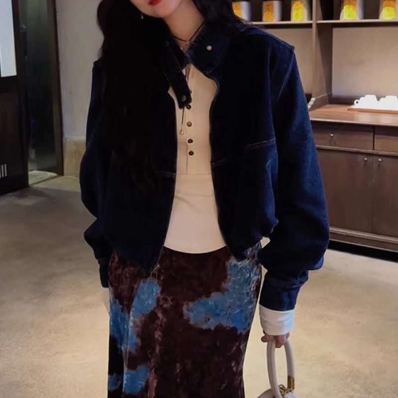 Áo khoác denim nữ dáng thon có túi, thiết kế tháo rời — Đỏ oiran, Xanh biển đậm