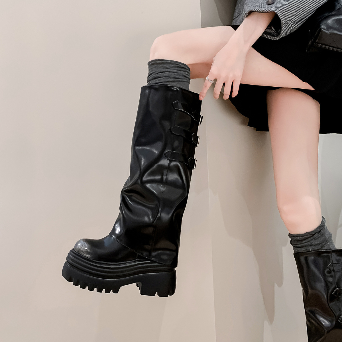 Boot nữ cổ cao ôm bắp chân da bò đế dày tôn dáng — Lớp lót đơn màu nâu 12cm, Lớp lót đơn màu nâu 15cm, Lớp lót đơn màu trắng nhạt 12cm, Lớp lót đơn màu trắng nhạt 15cm