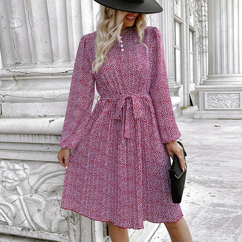 Floral Print Long Sleeve Dress Casual Sweet Elegant Round Neck Versatile Style Wholesale Available