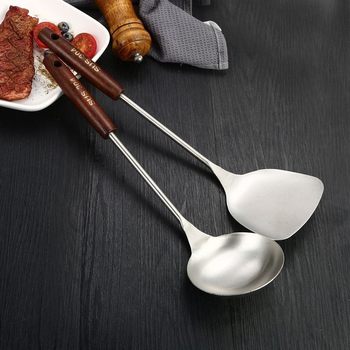 Stainless Steel Spatula and Spoon Set for Home Kitchen Cooking, Thickened Version with Wooden Handle, Anti-Scalding Cookware Set