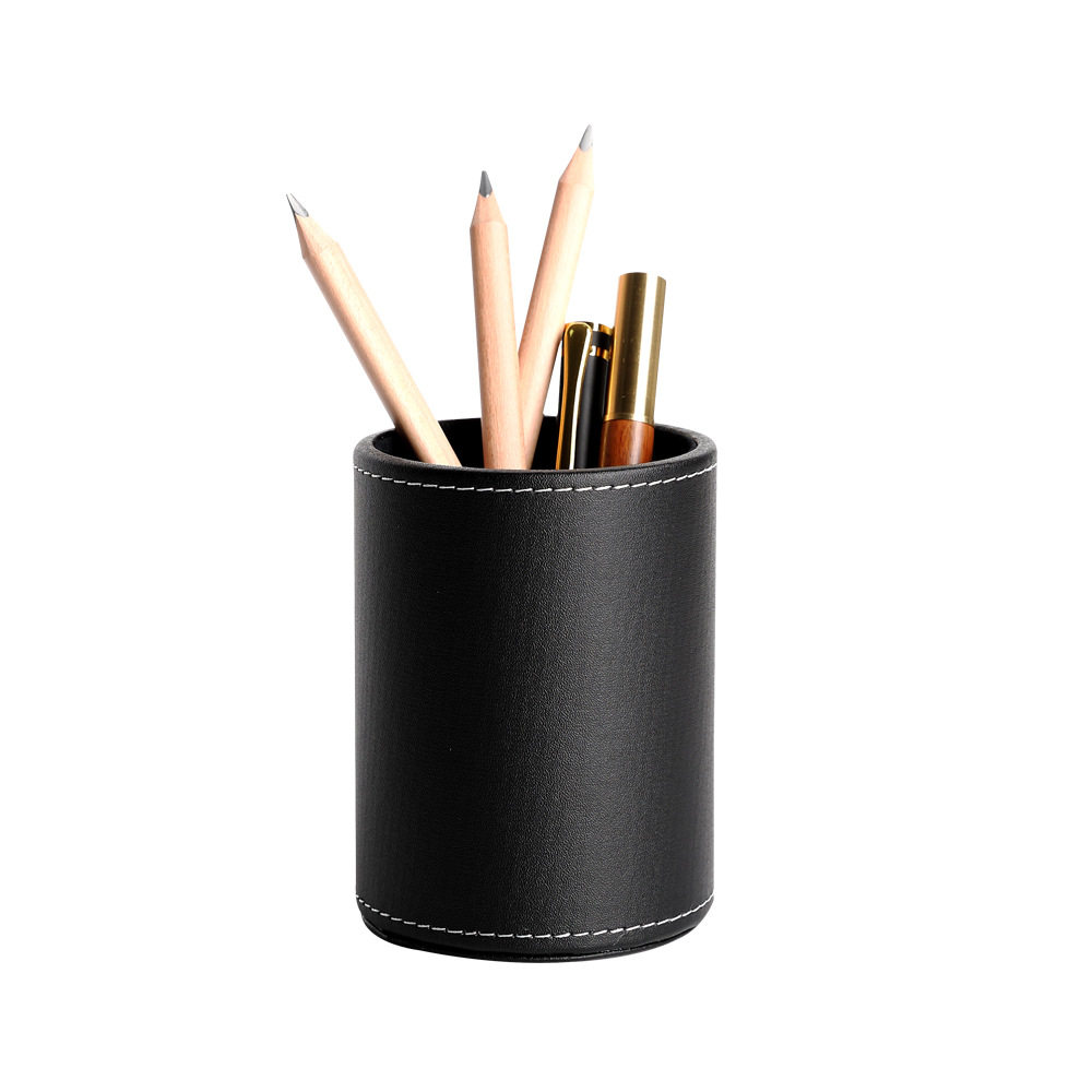 Business Leather Round Pen Holder Desktop Stationery Storage Box Storage Jar Cosmetic Brush Holder Creative Fashion Office Supplies