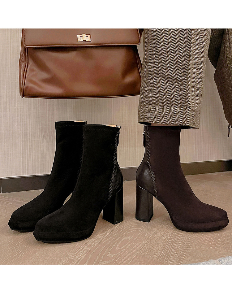 Boot nữ mũi nhọn gót thô cao 9cm cổ ngắn ôm chân phối da cừu — Lớp lót đơn màu đen, Lớp lót đơn màu nâu, Lót nhung đen, Lót nhung màu nâu
