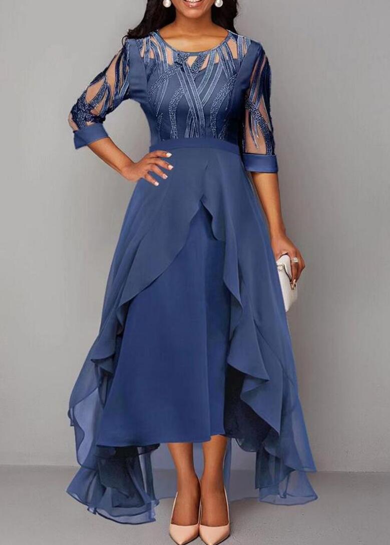 Chiffon Midi Dress with Lace Inserts and Round Neckline for Fall Winter Events Available in Gray and Blue Wholesale