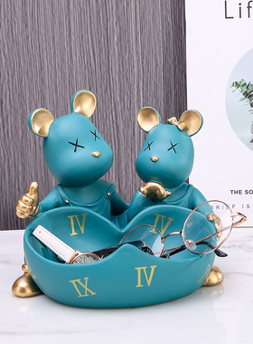轻奢情侣熊托盘创意玄关钥匙收纳摆件客厅家居装饰品摆设乔迁礼物