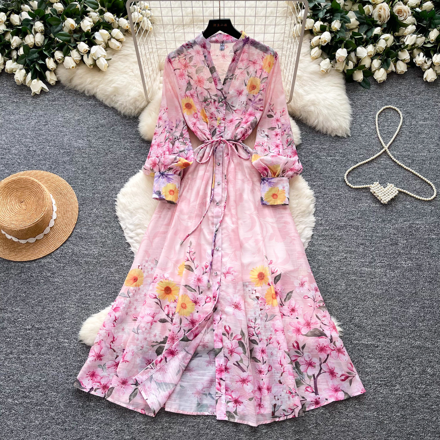 French Romantic Floral Print Long Sleeve V Neck Maxi Dress Slim Fit Waist Tie Flared Hem Perfect for Vacations