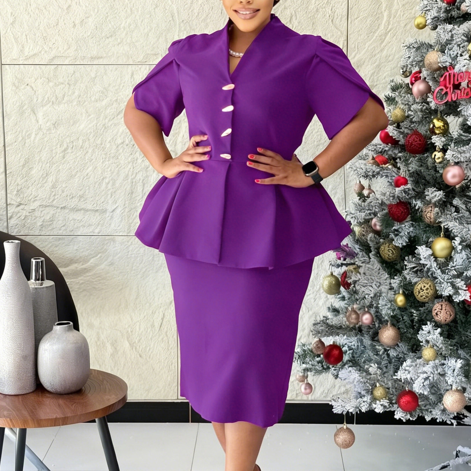 Elegant Plus Size African Dress Slim Fit Ruffled Hem V Neck Short Sleeve Casual or Formal Occasion Wholesale