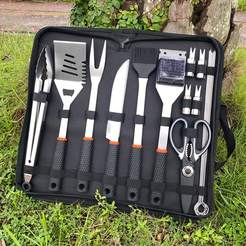 Hot Selling Stainless Steel Silicone Handle Barbecue Tool Set Outdoor Portable Bbq Grill Complete Set of Barbecue Bag Combination