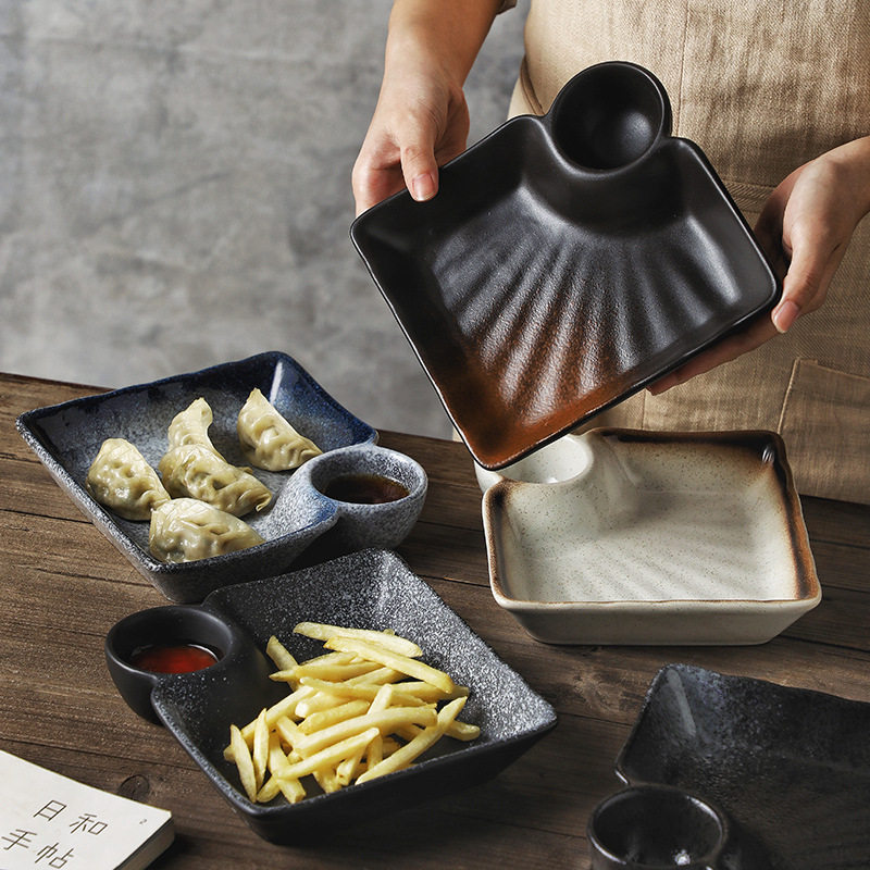 Square Dumpling Plate Japanese-Style Dipping Sauce Dish Ceramic Dumpling Plate with Vinegar Compartment Creative Compartmentalized Plate for Dumplings